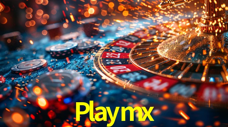 Una escena digital vívida inspirada en casino con Playmx mostrado prominentemente, luces brillantes, fichas, cartas y acentos dorados.