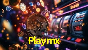 Escena dinámica inspirada en casino con iluminación Playmx, cartas, fichas e íconos de juegos digitales en un espacio moderno de juegos.