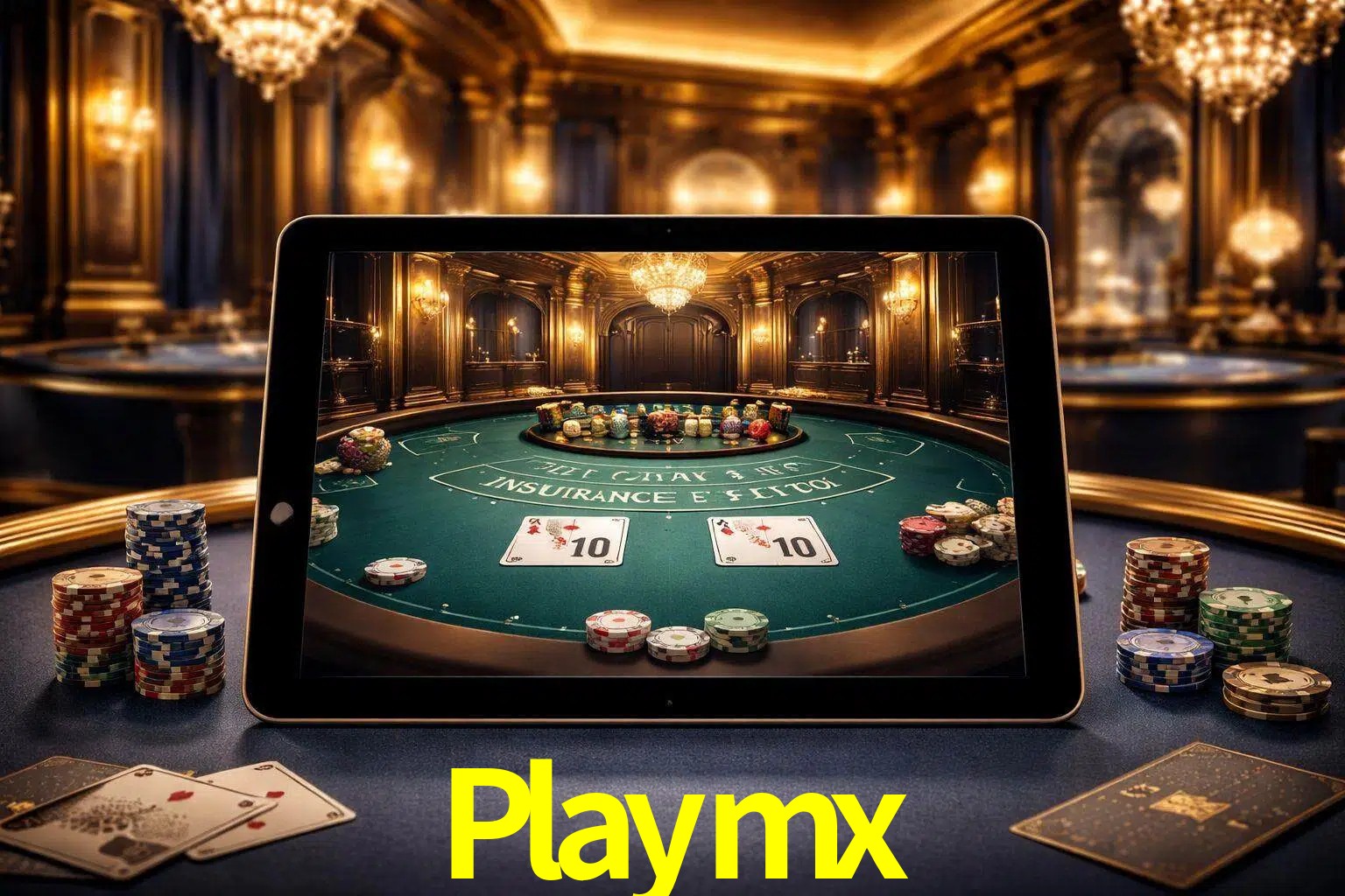 Configuración moderna de casino en vivo con una tableta mostrando una mesa de blackjack, luces cálidas de estudio y una atmósfera elegante de juegos digitales.